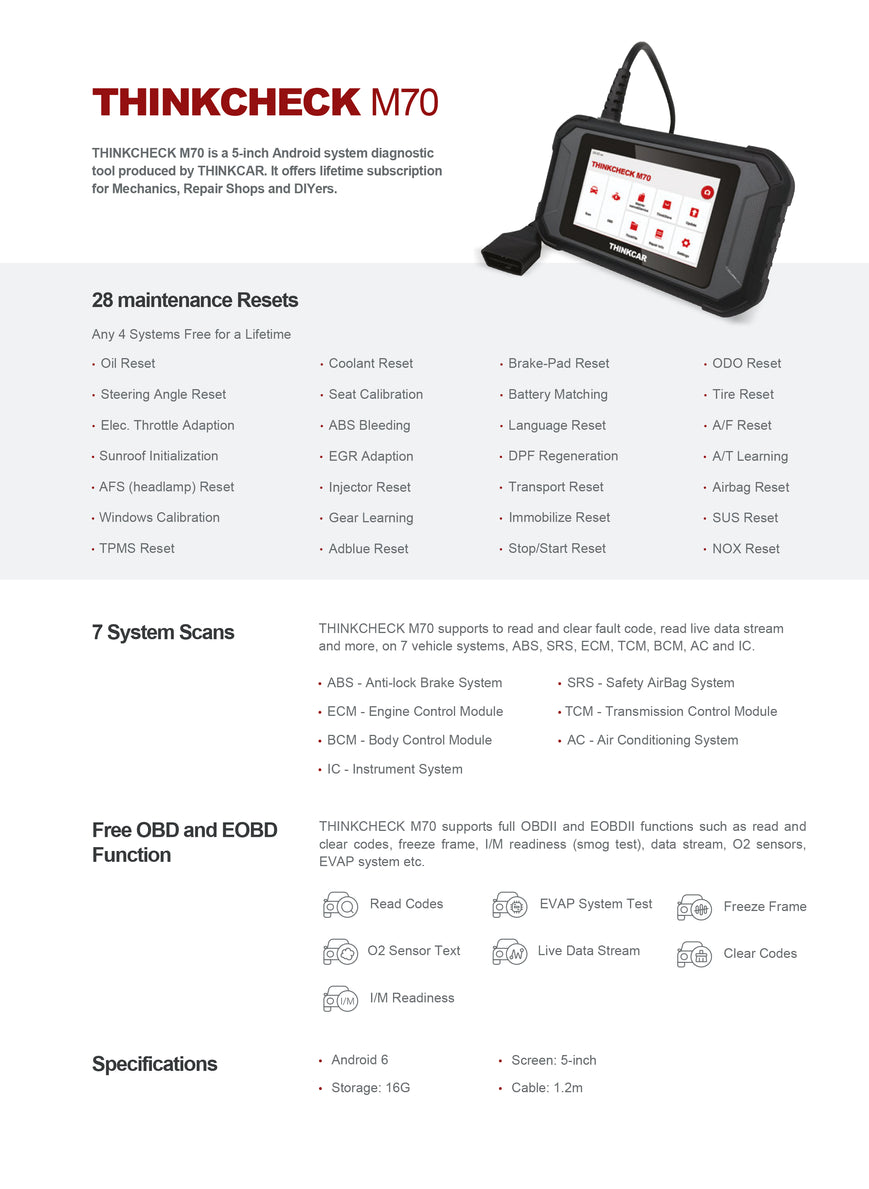 THINKCHECK M70 - 5 Full System OBD2 Scanner Car Code Reader